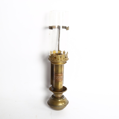 104 - An Antique Great Western Railway (GWR) brass and copper carriage oil lamp, with original glass funne... 