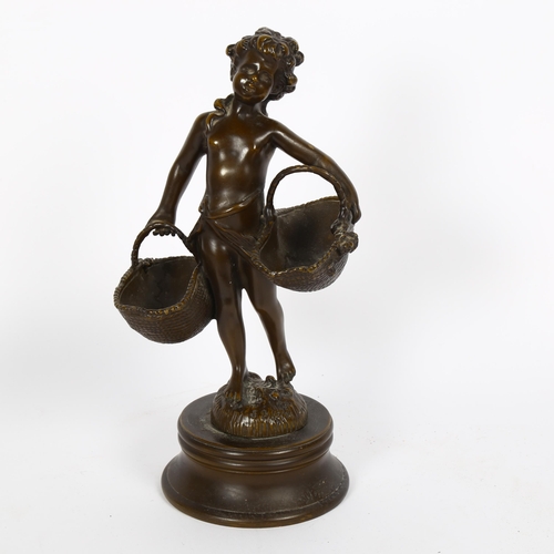 11 - A reproduction patinated bronze figural sculpture, putti with baskets, signed, S Bijara, height 28cm