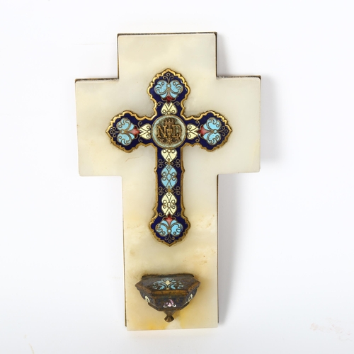 120 - An Antique French white marble brass and champleve enamel cross and holy water font, height 18cm