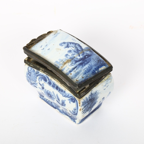 124 - 18th century Delft pottery box, with pewter mount, length 7cm, height 6cm, A/F