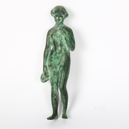 125 - Roman style verdigris bronze figure of standing woman holding a wine ewer, height 17cm