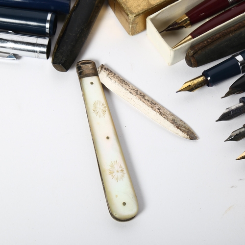 127 - Vintage pens, including Sheaffer, Conway Stewart 75, silver mother-of-pearl handled fruit knife etc