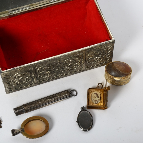128 - Various collectables, including silver pocket pencil, novelty book, locket, chrome plated casket etc