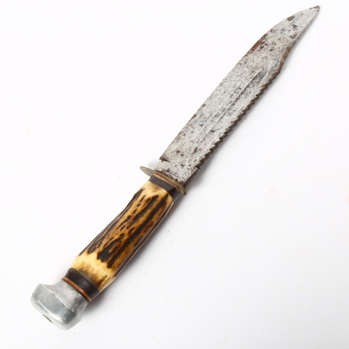 135 - A staghorn-handled bowie hunting knife, blade length 20cm