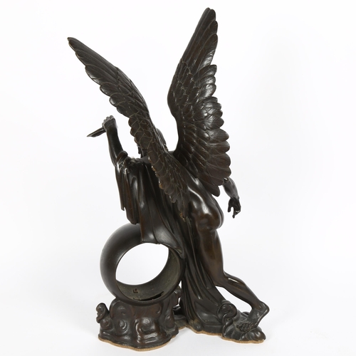 15 - A large 19th century patinated bronze figural sculpture clock case, winged Chronos (God of time), on... 
