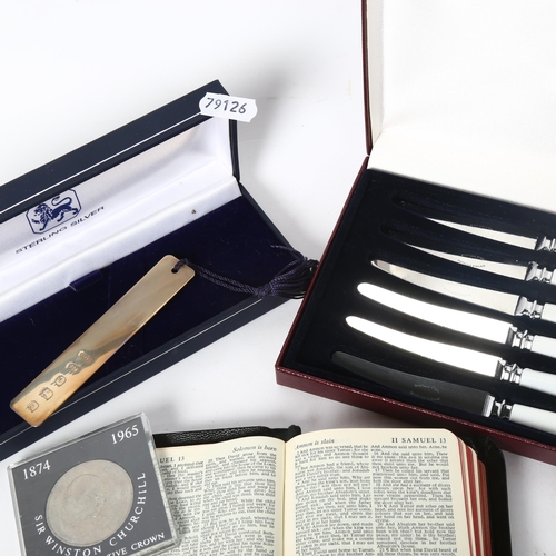 158 - Various collectables, including modern silver bookmark, mother-of-pearl and abalone Holy Bible etc