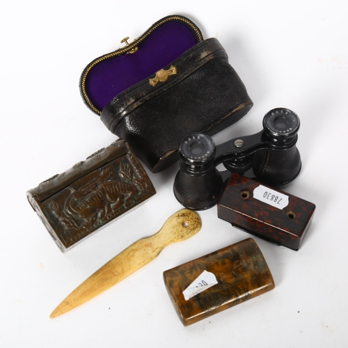 162 - Various collectables, including papier mache snuffbox, pair of Ross opera glasses, miniature bronze ... 