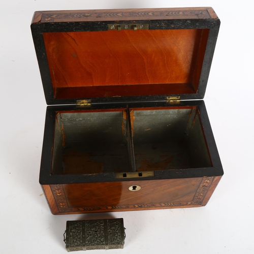 175 - A Regency mahogany chequer-banded tea caddy (no lids), and a small brass dome-top box (2)