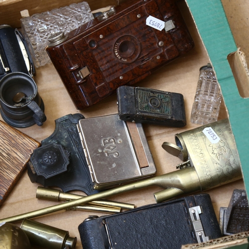 184 - An Oriental brass opium pipe, oak-framed barometer, folding cameras, desk stand, and Uncle Tom's Cab... 