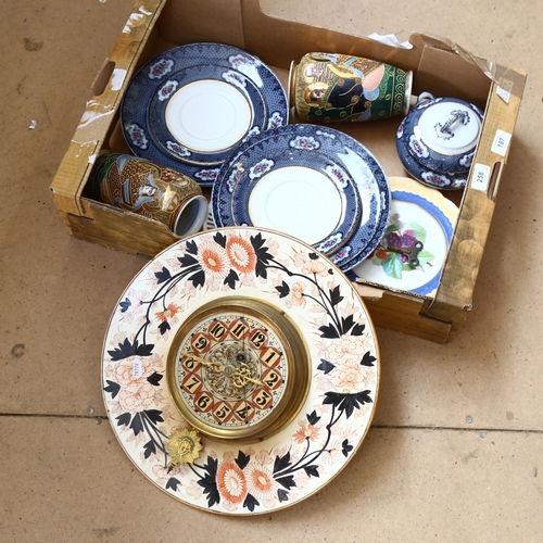 187 - A Victorian ceramic clock plate (A/F), a pair of Chinese vases, part dinnerware etc (boxful)