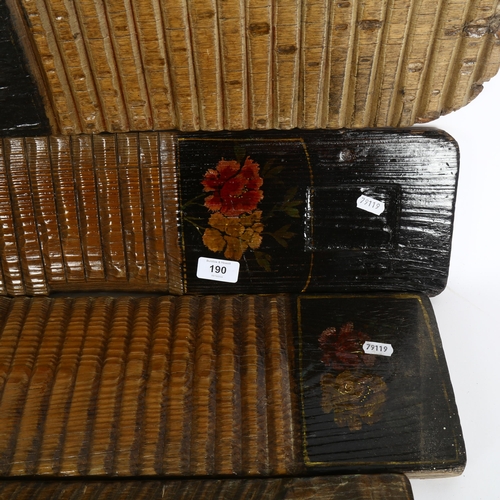 190 - A set of 4 Chinese elm ribbed opium panels, with painted decoration, longest 65cm