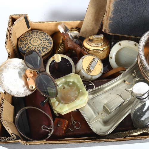 191 - A collection of Vintage lighters, a chamber stick, hip flask, Oriental white metal dish etc (boxful)