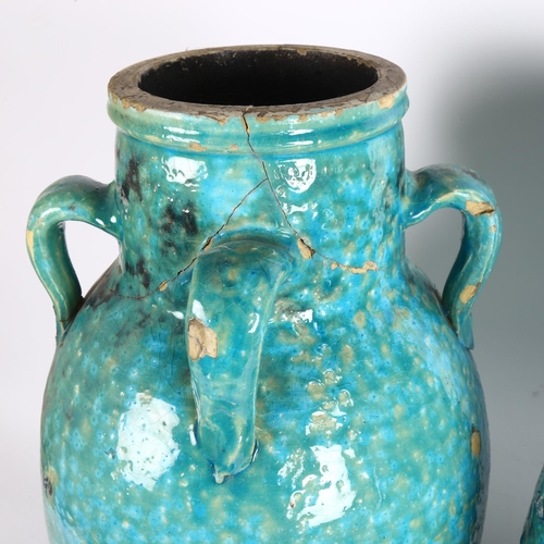 195 - A pair of large Hamadan turquoise glaze pottery oil jars (1 A/F), height 54cm