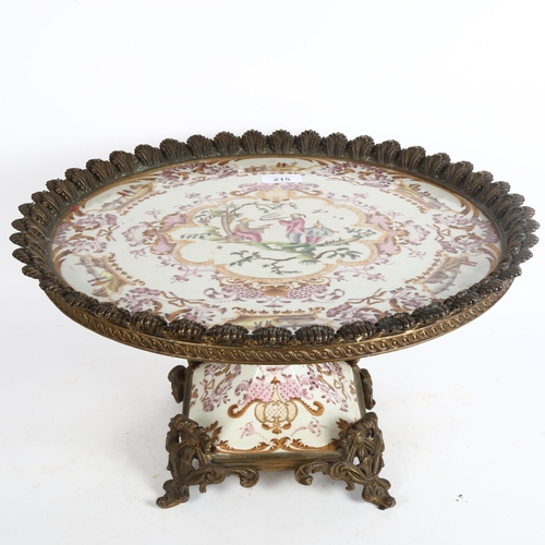 215 - A large reproduction Chinese famille rose and ormolu-mounted table centre, width 42cm, height 24cm