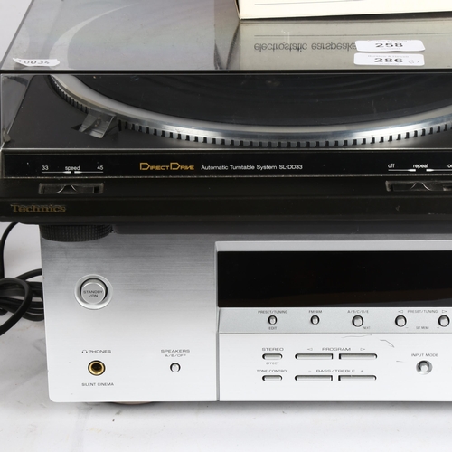 258 - Technics Direct Drive automatic turntable system SL-DD33, and a Yamaha Natural Sound AV receiver RX-... 