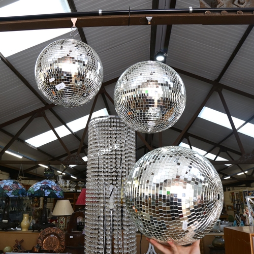 273 - 3 mirror glitter balls, 2 with hanging fittings, 1 has no fitting for hanging, diameter 30cm