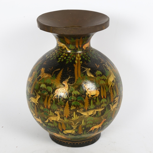 28 - A Persian hand painted lacquer jungle globular vase, with brass liner, height 25cm