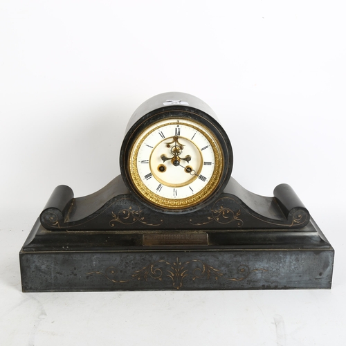 291 - A Victorian 8-day black slate mantel clock, with Roman numerals on the dial, open escapement, silver... 