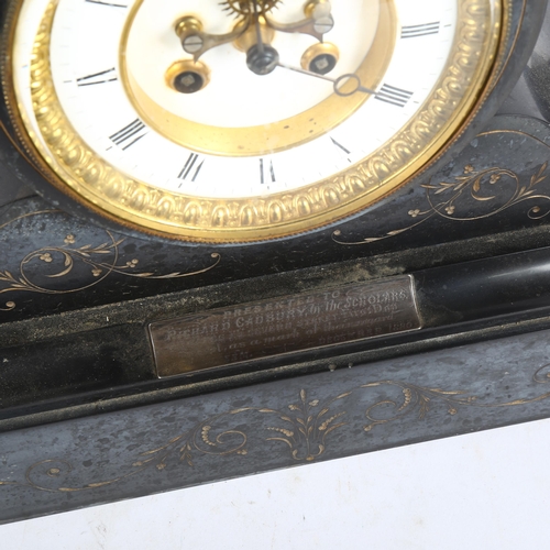 291 - A Victorian 8-day black slate mantel clock, with Roman numerals on the dial, open escapement, silver... 