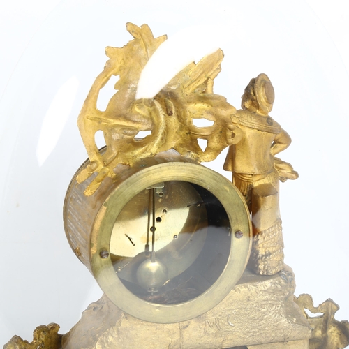 292 - A French gilt figural 8-day clock with glass dome, height including dome 35cm