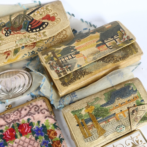 295 - 3 leather clutch bags or purses with Oriental decoration, silk place mats with Oriental decoration, ... 