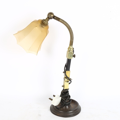 298 - A Vintage steam punk industrial table lamp, with glass lamp shade, adjustable neck, fully extended l... 