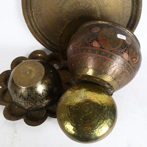 300 - 3 Middle Eastern style brass jardinieres, largest height 14cm, diameter 22cm, and 4 Middle Eastern b... 