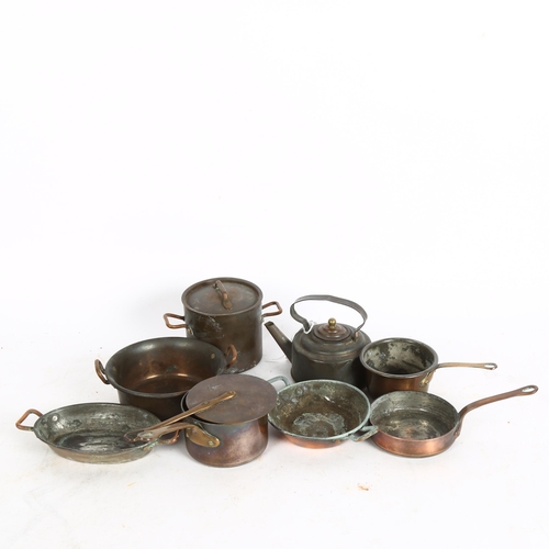 301 - A quantity of Vintage miniature brass pots and pans, including kettle and roasting pot, largest heig... 