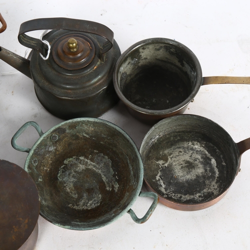 301 - A quantity of Vintage miniature brass pots and pans, including kettle and roasting pot, largest heig... 