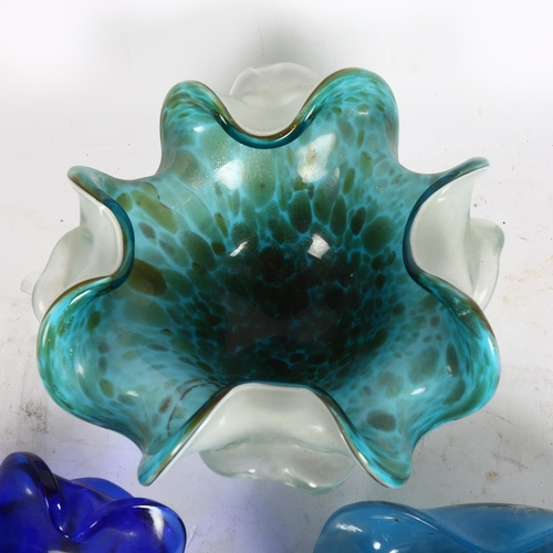 332 - Mottled blue glass free-form dish, 18cm across, and 2 others