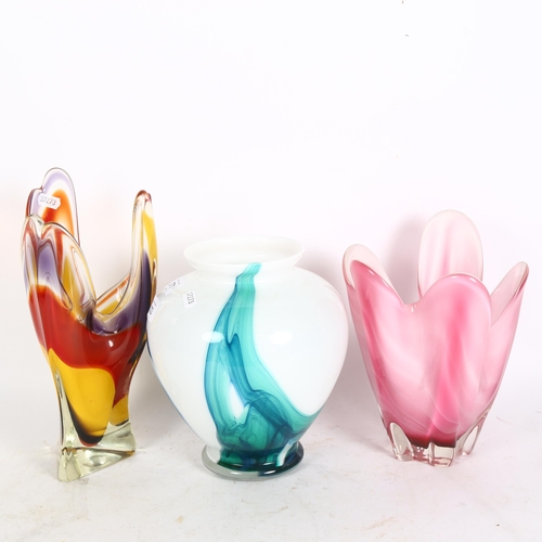 333 - 2 free-form Art glass vases, and a blue and white glass vase, height 22cm