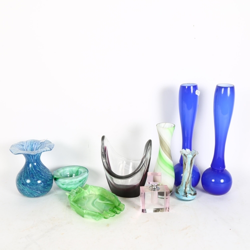 334 - Scent bottle, a pair of blue glass vases, 30cm, and other Art glass items