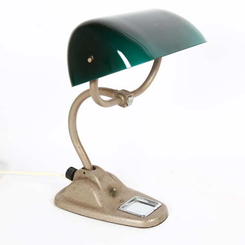 40 - An Art Deco aluminium student's desk lamp, with green glass swivel shade, height 35cm