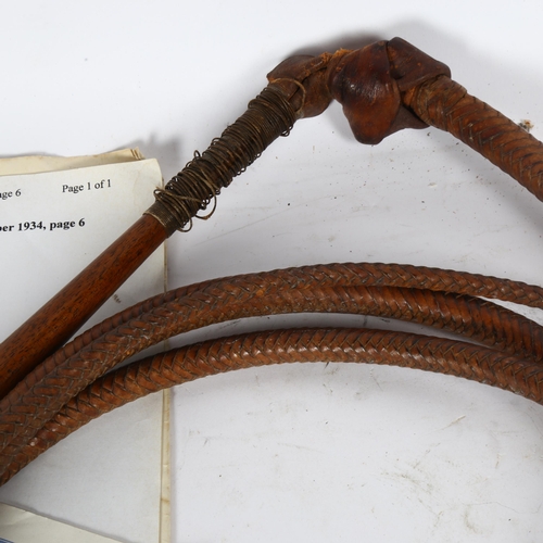 70 - An Australian mahogany and kangaroo leather stock whip, with handwritten letter from Holman James (F... 