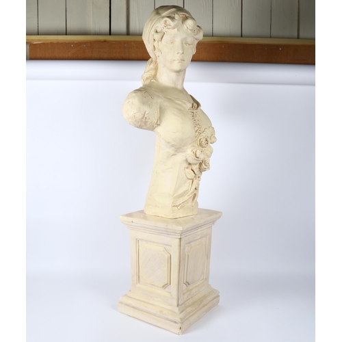 8 - A large painted plaster figural bust sculpture on plinth, signed Isabella, overall height 103cm