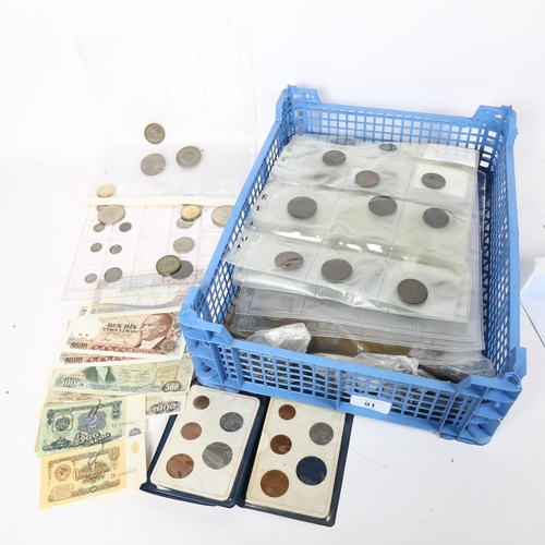 91 - A quantity of world coins and banknotes, including enamel crown brooch etc