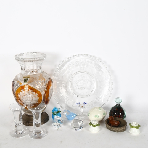 543 - Amber overlay crystal vase on plinth, 26cm, glass paperweights, Belleek egg box, 1937 Coronation pla... 