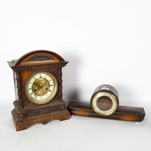 548 - Art Deco Junghaus mantel clock, and an oak-cased mantel clock with 2 train movement, height 36cm