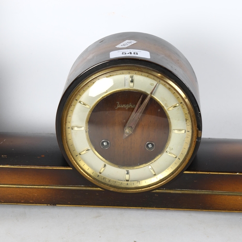 548 - Art Deco Junghaus mantel clock, and an oak-cased mantel clock with 2 train movement, height 36cm