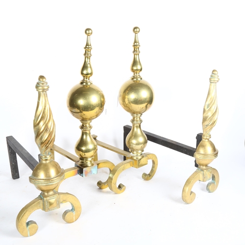 708 - A pair of ornate brass andirons, height 47cm, and a pair of brass and steel andirons