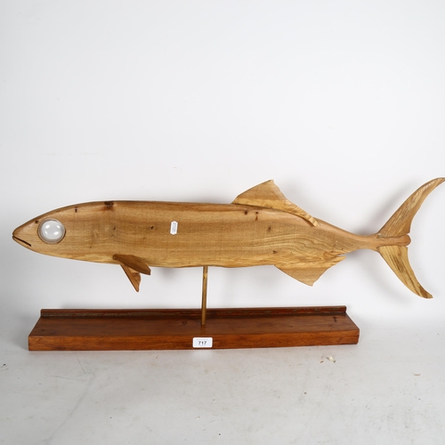 717 - Clive Fredriksson, a carved wood fish with glass eye, length 84cm, on stand