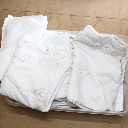 720 - A box of Vintage table cloths, including lace-trimmed and crocheted