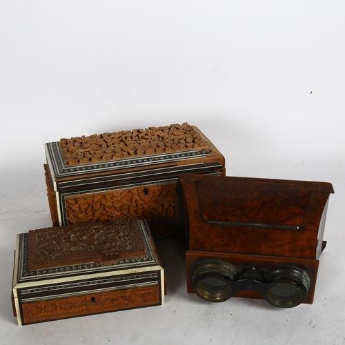 726 - A stereo viewer, an Indian box containing stereo slides, and another