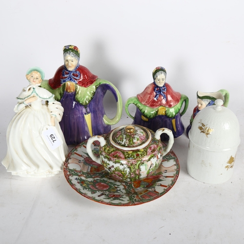 729 - 1930s novelty 3-piece tea set, Doulton figure, Rosenthal pot and cover etc