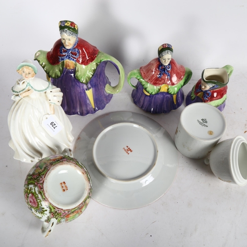 729 - 1930s novelty 3-piece tea set, Doulton figure, Rosenthal pot and cover etc