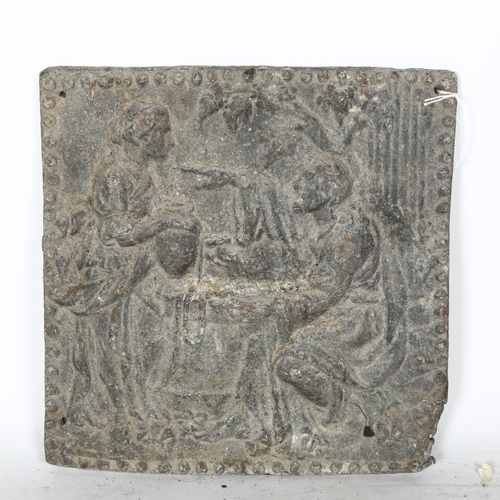 733 - An 18th century relief cast lead wall plaque, depicting figures by a well, 25cm x 25cm