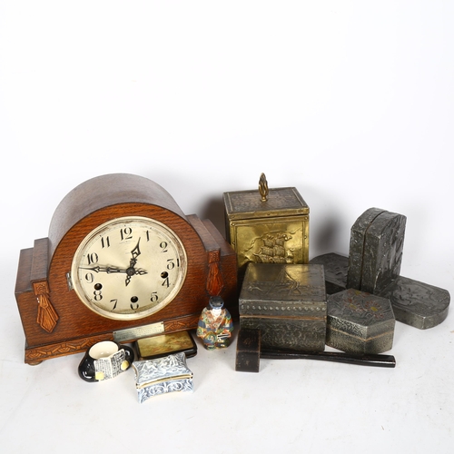 740 - A brass tea caddy and 2 pewter -covered wooden boxes, 2 pewter bookends, all other than the hexagona... 