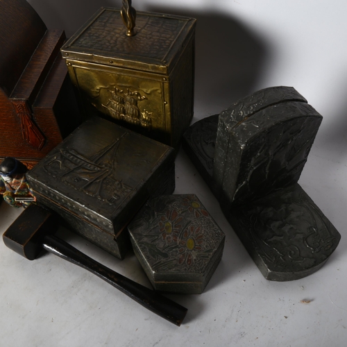 740 - A brass tea caddy and 2 pewter -covered wooden boxes, 2 pewter bookends, all other than the hexagona... 