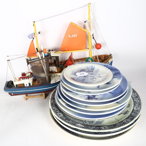 742 - 4 boat models, largest length 50cm, and a quantity of blue and white wall plates etc