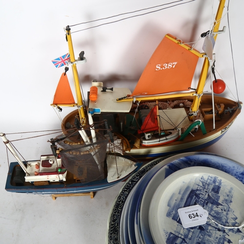 742 - 4 boat models, largest length 50cm, and a quantity of blue and white wall plates etc